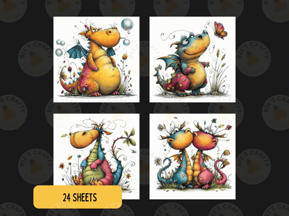 four colorful illustrations of dragons, each with unique poses and expressions.