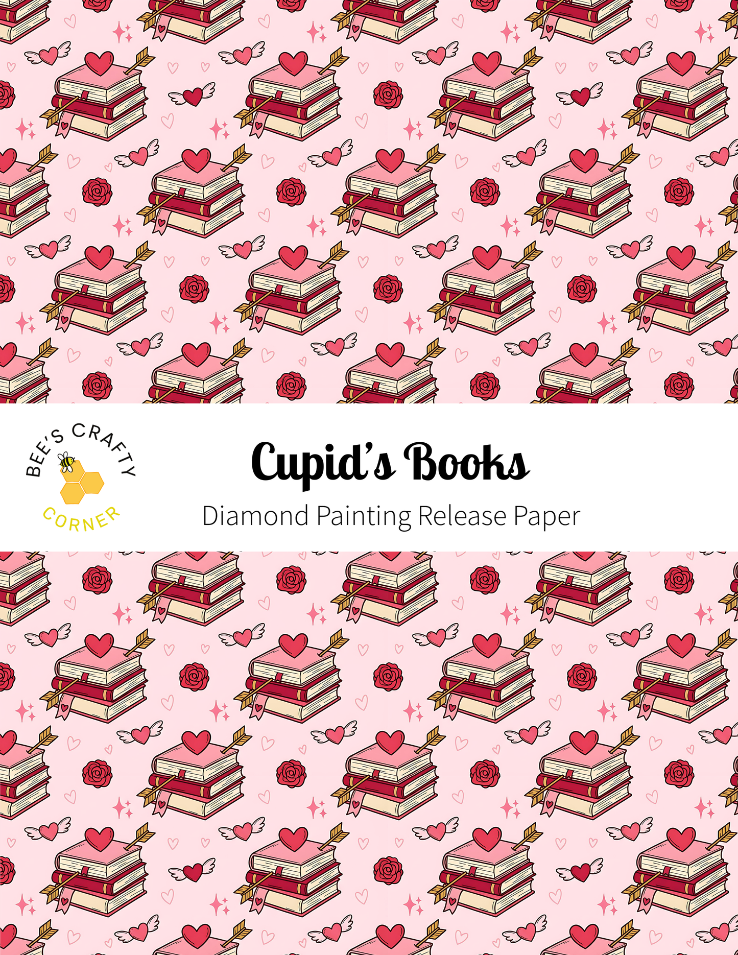 a repeating pattern of stacked books with hearts and hearts scattered throughout the background.