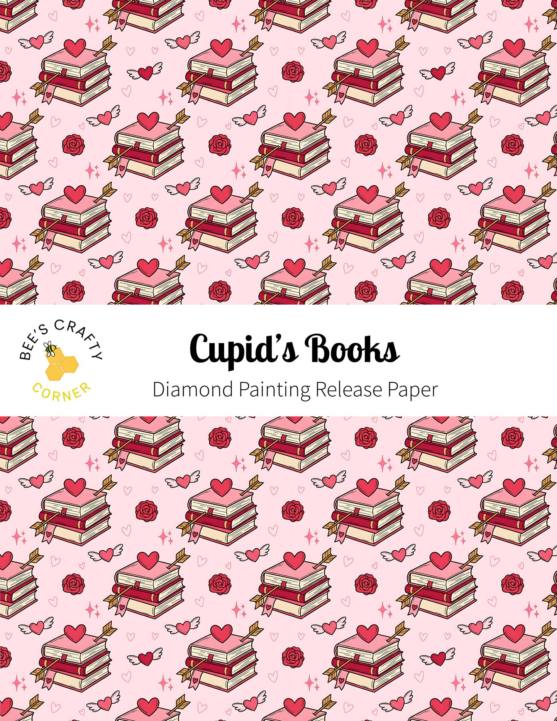 a repeating pattern of stacked books with hearts and hearts scattered throughout the background.