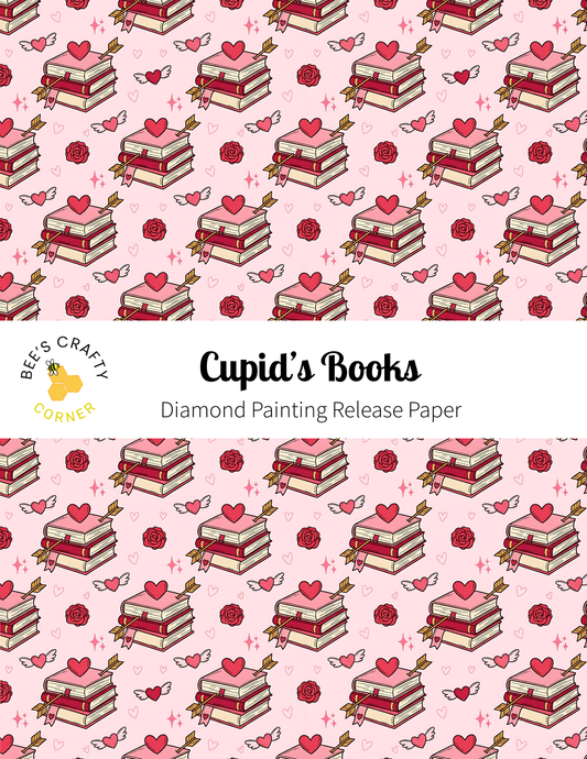 a repeating pattern of stacked books with hearts and hearts scattered throughout the background.