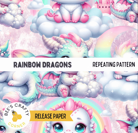 The image is a vibrant and whimsical collage featuring a variety of colorful and fantastical dragon characters, including a castle, clouds, and rainbows. The dragons are depicted in different poses and sizes, creating a lively and imaginative scene.