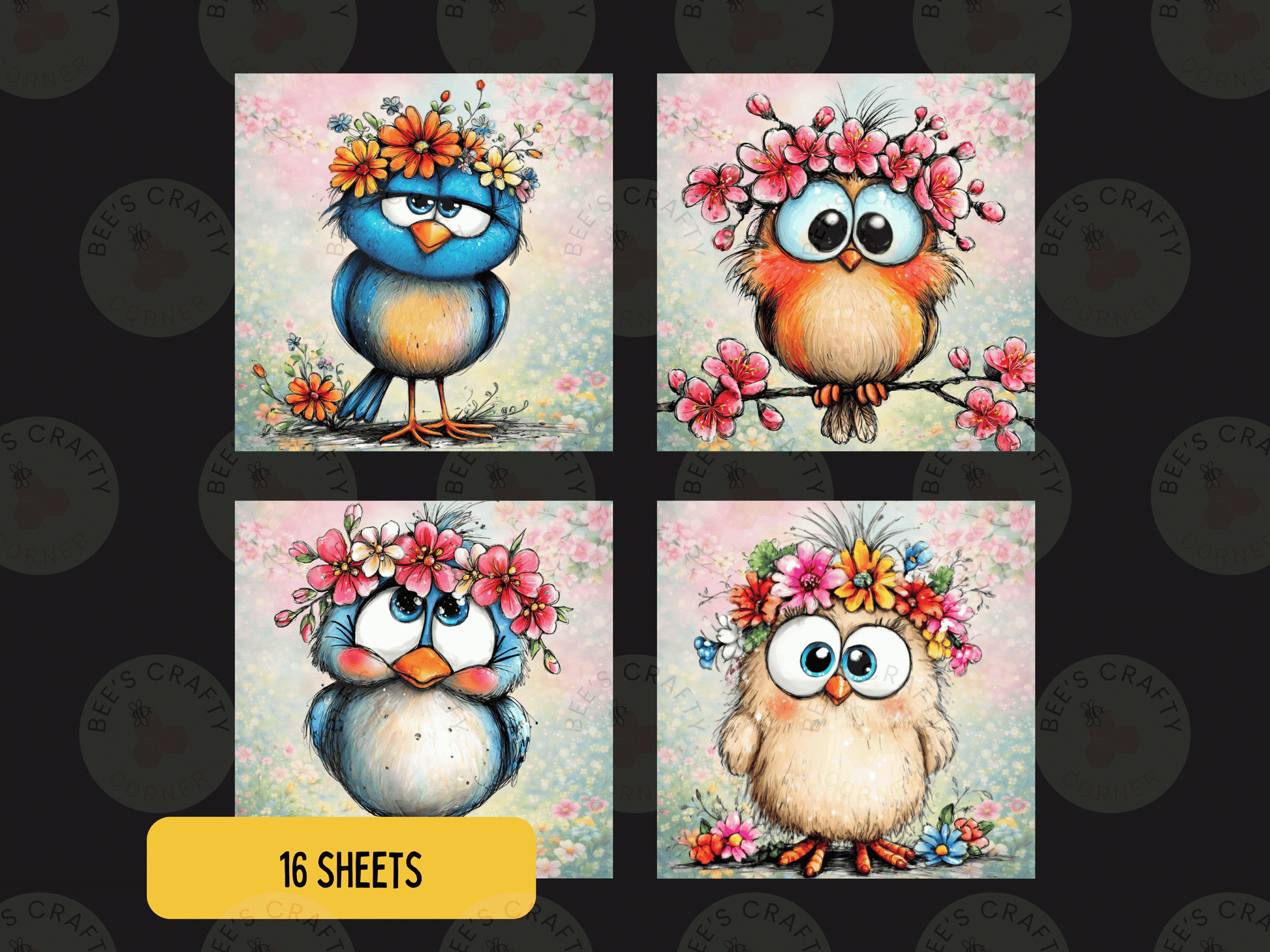 four square illustrations of birds with flower crowns, each with a different color and design.