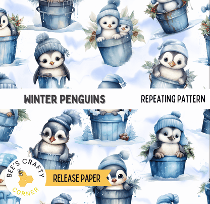 The image is a repeating pattern of winter penguins in blue buckets, with each penguin wearing a hat and surrounded by snow.
