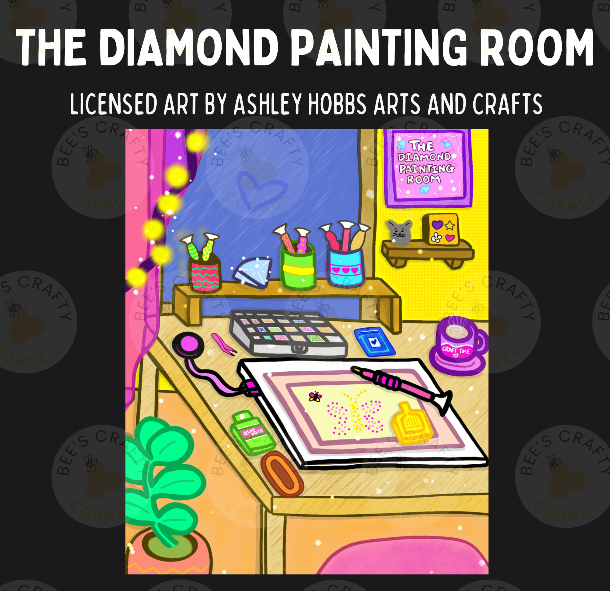 The image is a colorful illustration of a painting room, featuring various art supplies and decorative elements such as a potted plant, a desk, and a poster.