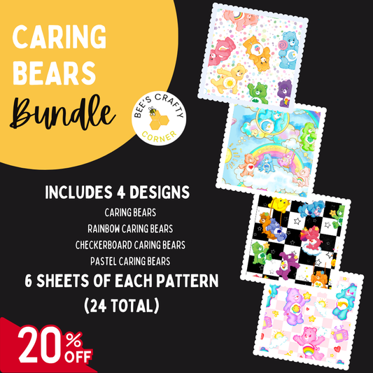 The image is an advertisement for a "Caring Bears Bundle" that includes four designs, six sheets of each pattern, and a 20% discount.