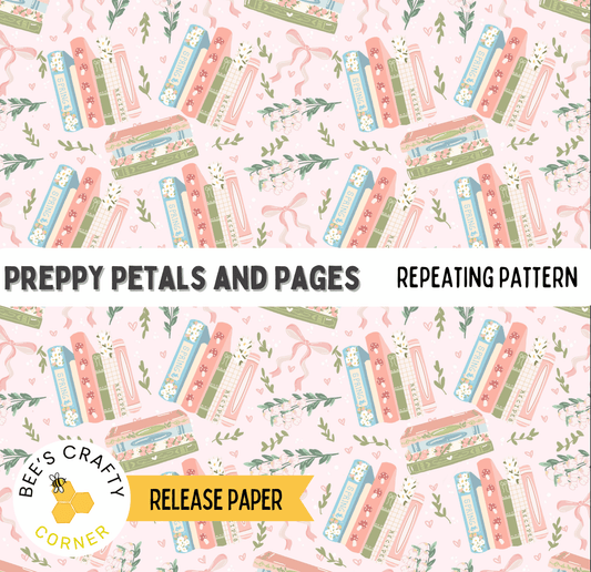 The image is a repeating pattern of books and petals on a pink background.