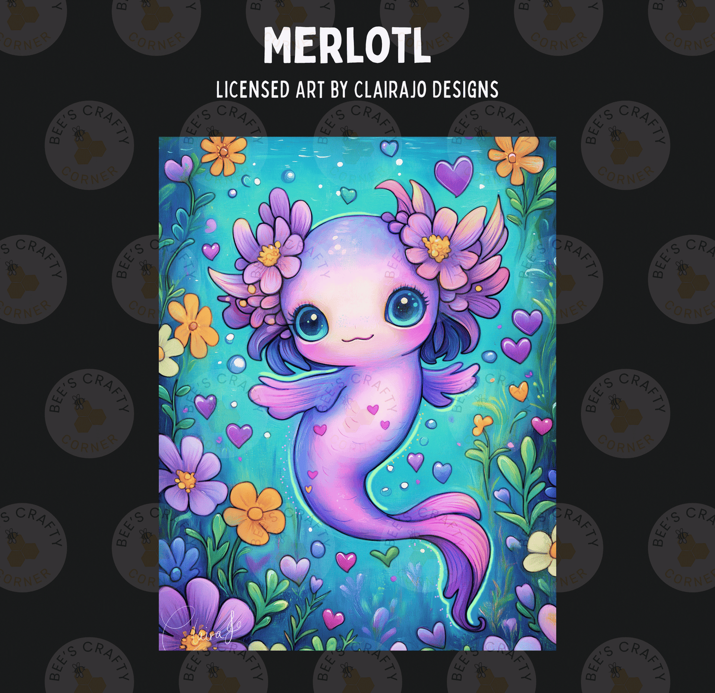 The image is a vibrant and whimsical illustration featuring a mermaid-like creature surrounded by a colorful array of flowers, hearts, and other decorative elements.