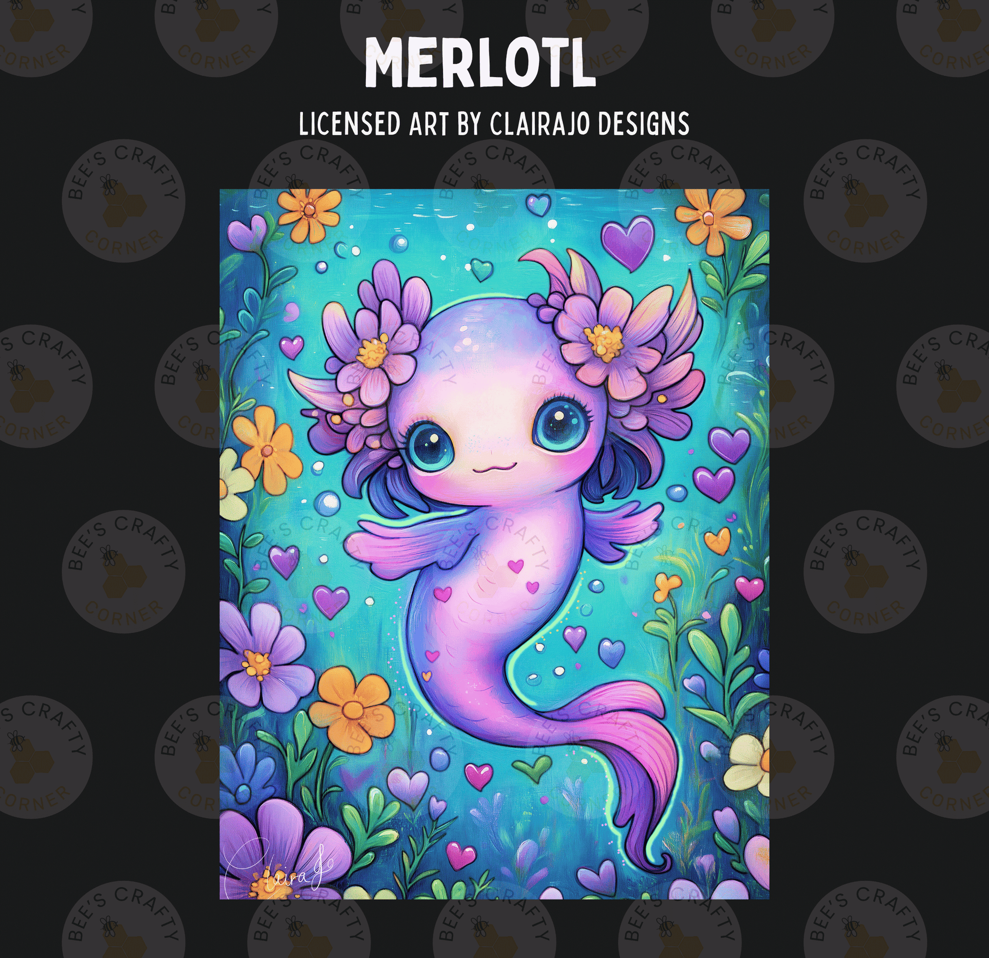 The image is a vibrant and whimsical illustration featuring a mermaid-like creature surrounded by a colorful array of flowers, hearts, and other decorative elements.