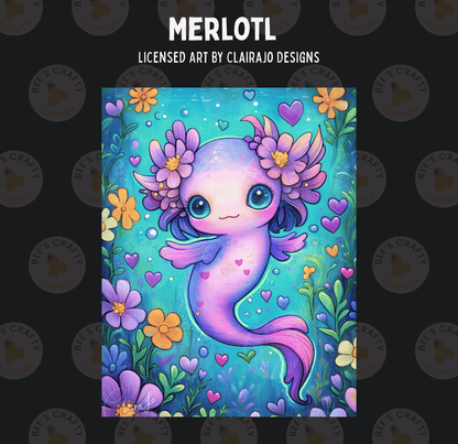The image is a vibrant and whimsical illustration featuring a mermaid-like creature surrounded by a colorful array of flowers, hearts, and other decorative elements.