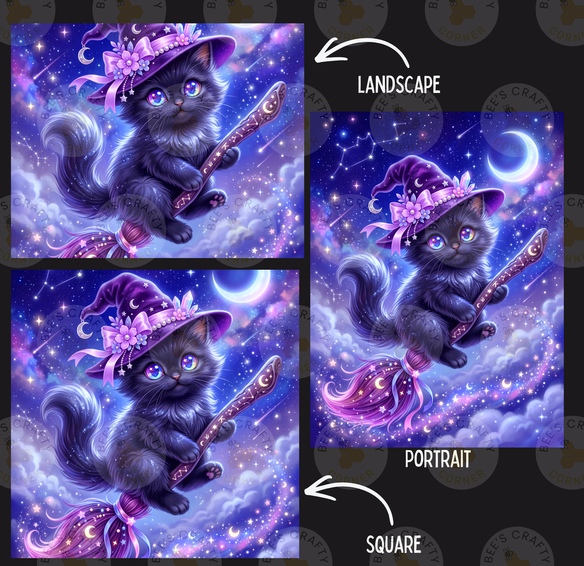 The image is a collage of three pictures depicting a black cat wearing a purple witch's hat and holding a broom, flying through a starry night sky with a crescent moon.