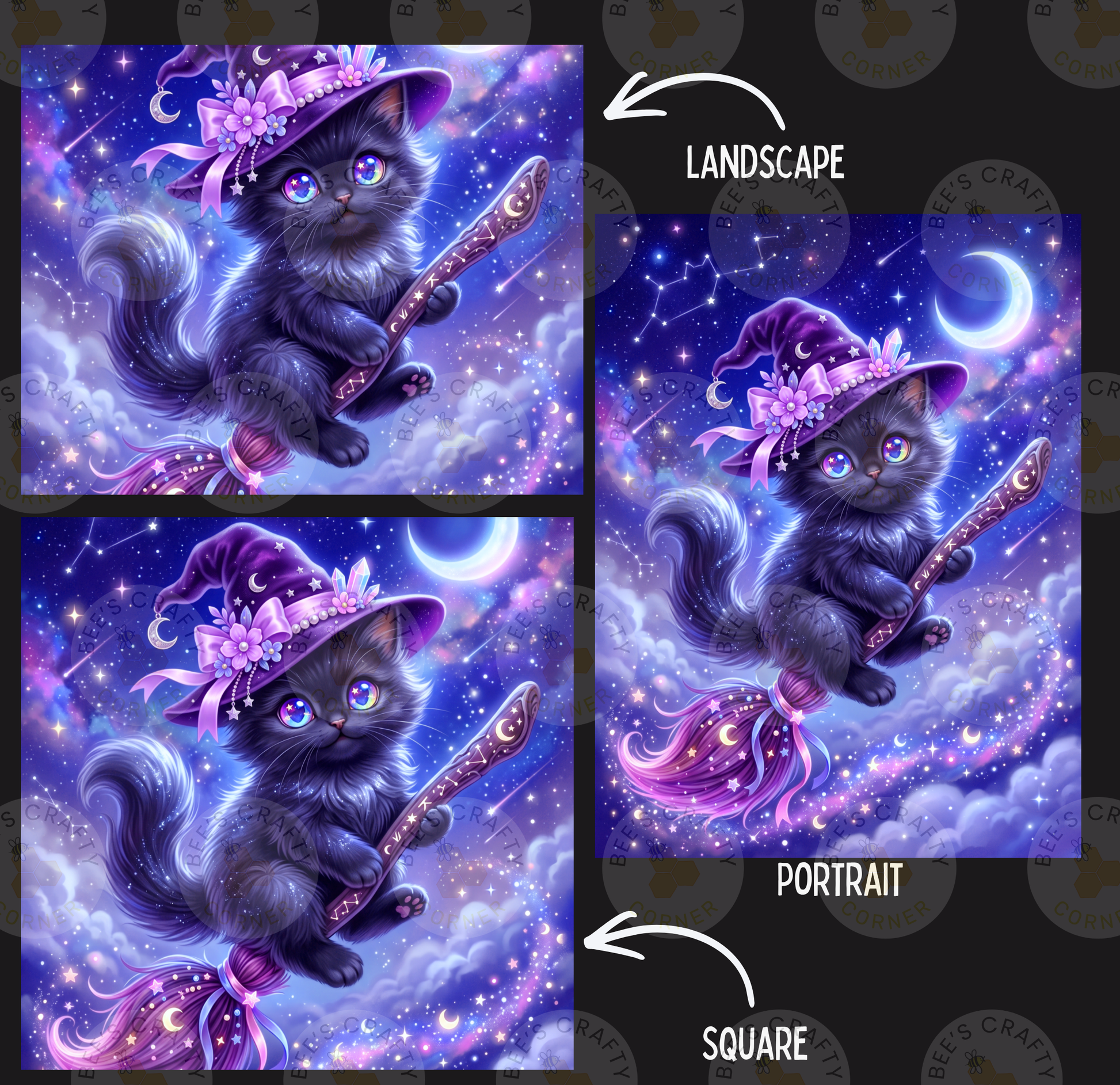 The image is a collage of three pictures depicting a black cat wearing a purple witch's hat and holding a broom, flying through a starry night sky with a crescent moon.