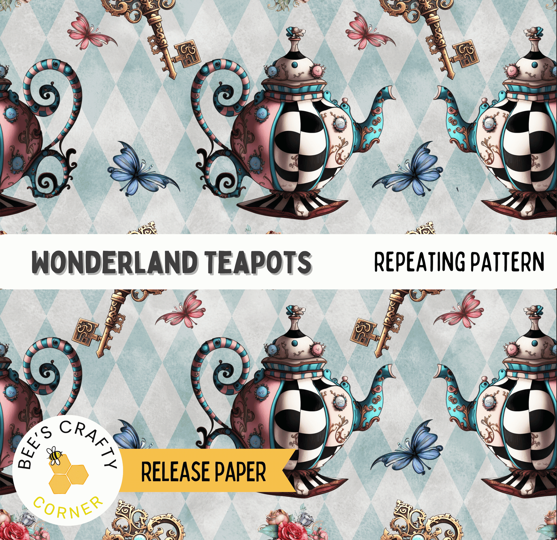 The image is a repeating pattern of whimsical teapots and butterflies against a light blue background.