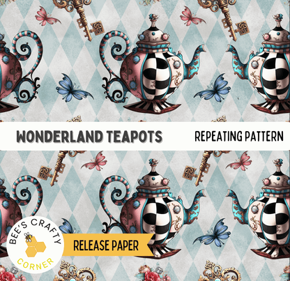 The image is a repeating pattern of whimsical teapots and butterflies against a light blue background.