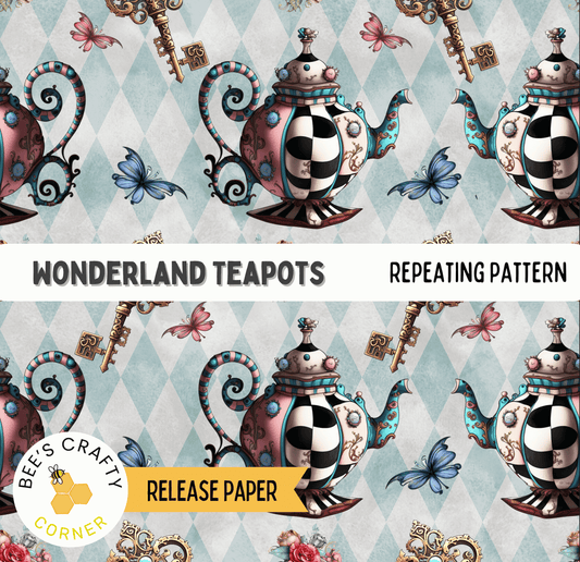 The image is a repeating pattern of whimsical teapots and butterflies against a light blue background.