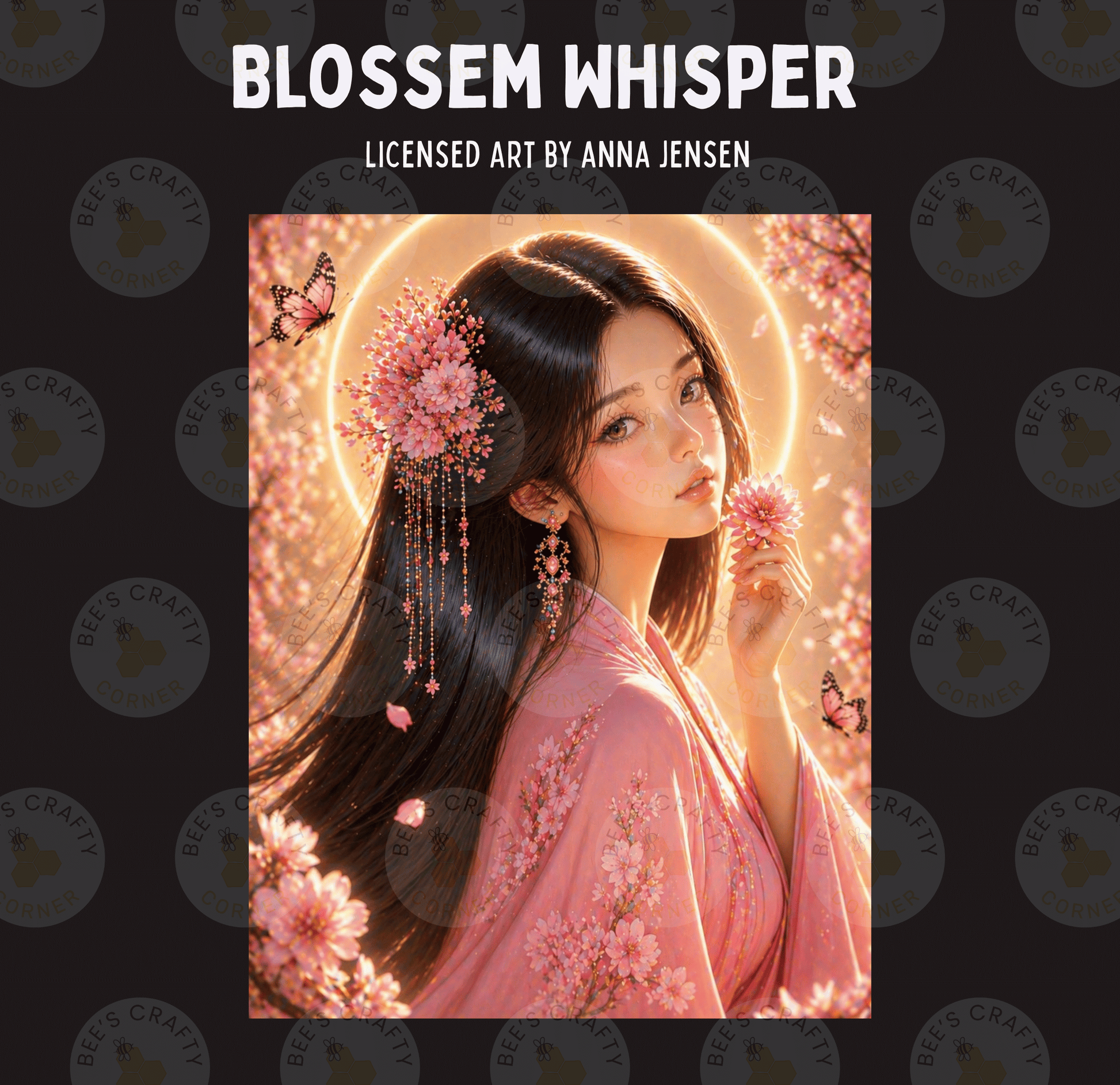 The image is a digital illustration featuring a woman with long dark hair wearing a pink kimono, holding a flower in her hand. The background is filled with pink flowers and butterflies, creating a serene and ethereal atmosphere.