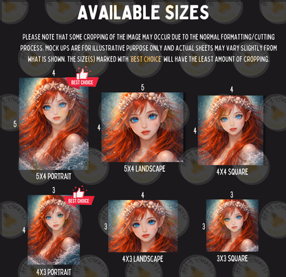 The image is a collage of six different portrait sizes, featuring a woman with red hair and blue eyes. The sizes range from 5x4 to 5x3, with the largest size being 5x3. The image is described as a "collage of six different portrait sizes" and "a collage of six different portrait sizes," indicating that it is a collection of multiple images showcasing the woman's portrait.