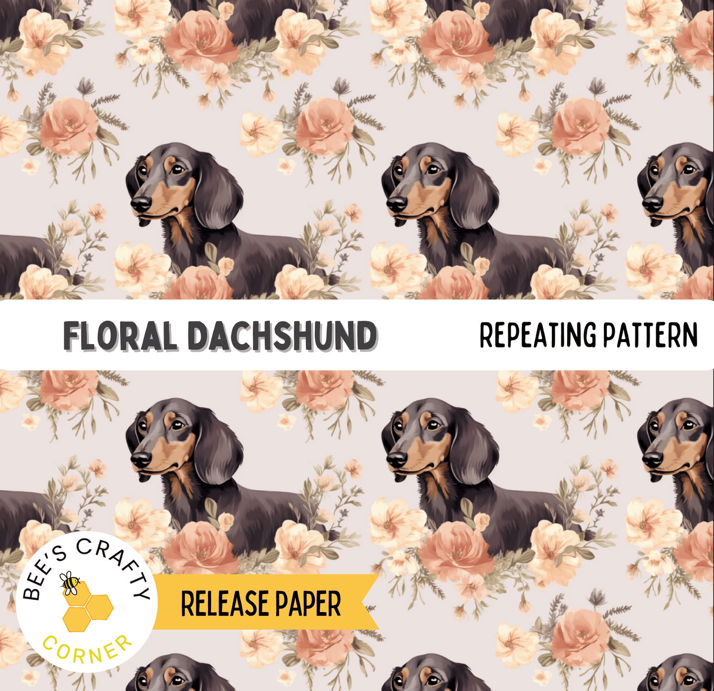 The image is a repeating pattern of floral dachshunds, with each dachshund facing the same direction and surrounded by flowers.