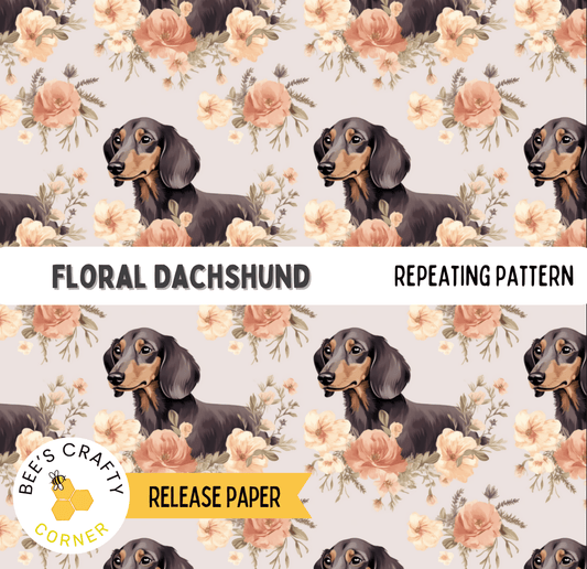 The image is a repeating pattern of floral dachshunds, with each dachshund facing the same direction and surrounded by flowers.