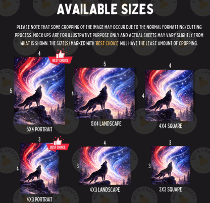 The image is a collage of six different images, each depicting a wolf howling at the night sky. The images vary in size, ranging from 5x4 to 5x3, and are labeled with the corresponding size in the top left corner. The wolf in each image is shown in a different pose, creating a dynamic and visually interesting composition.