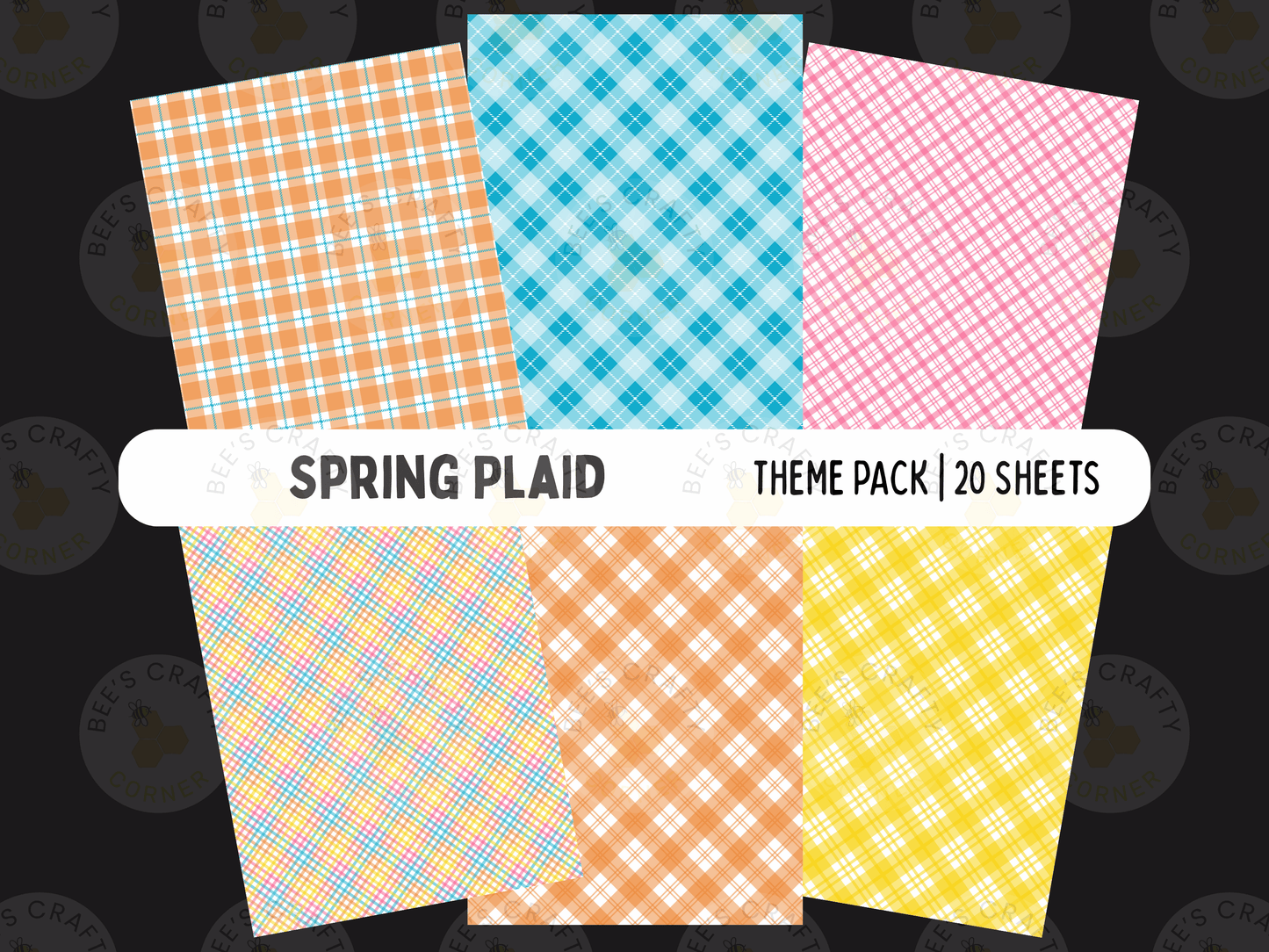 a collection of six different plaid pattern designs, each with a unique color scheme and pattern, arranged in a theme pack of 20 sheets.