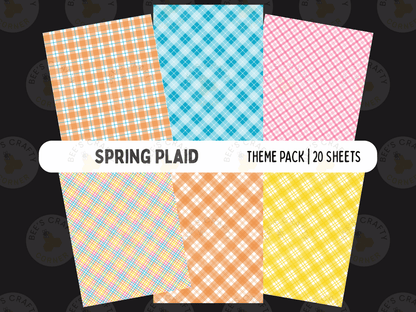 a collection of six different plaid pattern designs, each with a unique color scheme and pattern, arranged in a theme pack of 20 sheets.