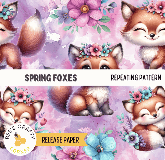 The image is a repeating pattern of cartoon foxes with flower crowns against a purple background.
