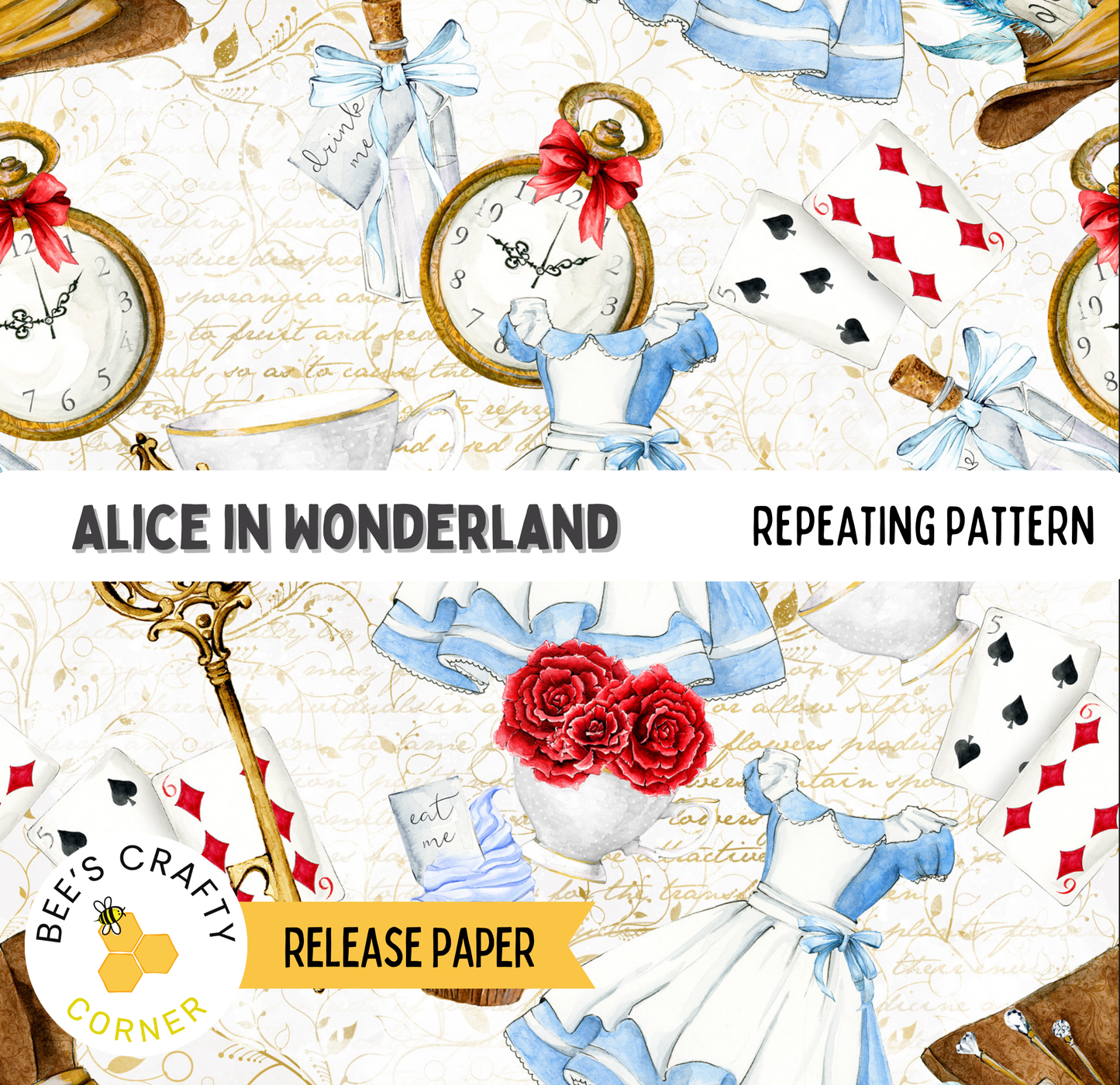 The image is a repeating pattern featuring various elements related to the story of Alice in Wonderland, including a clock, a key, a pocket watch, a tea party, and playing cards.