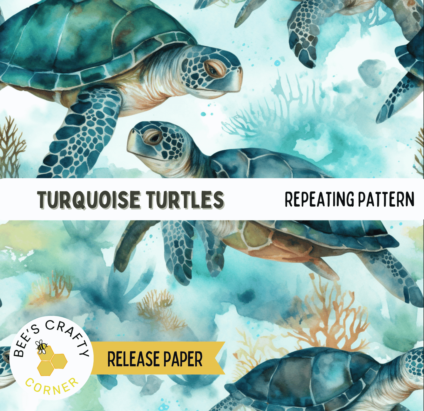 Turquoise sea turtles swimming in the ocean, with a repeating pattern of the same turtles and coral formations.