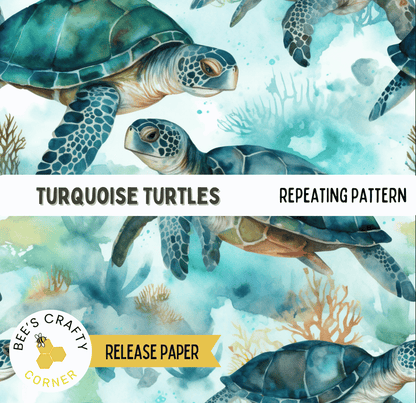 Turquoise sea turtles swimming in the ocean, with a repeating pattern of the same turtles and coral formations.