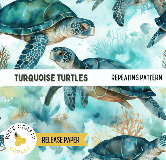 Turquoise sea turtles swimming in the ocean, with a repeating pattern of the same turtles and coral formations.