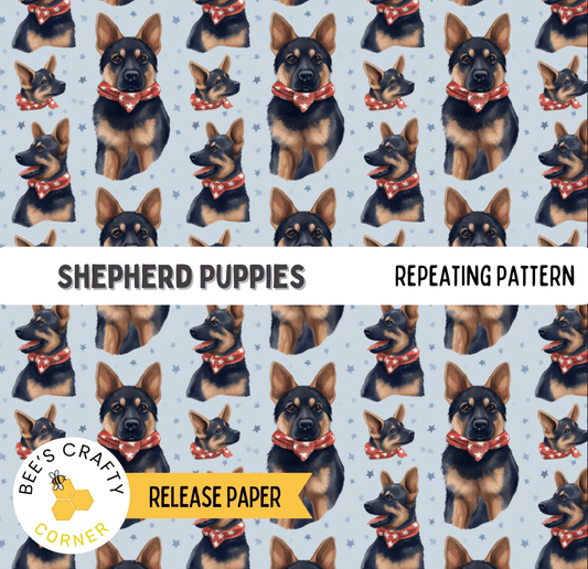 The image is a repeating pattern of shepherd puppies wearing red collars against a light blue background with white stars.