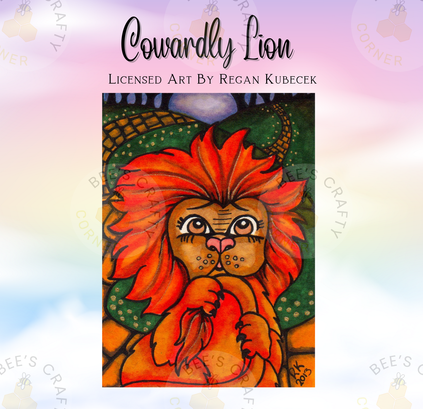 The image is a colorful painting of a lion with a red mane and tail, surrounded by a green and orange background.