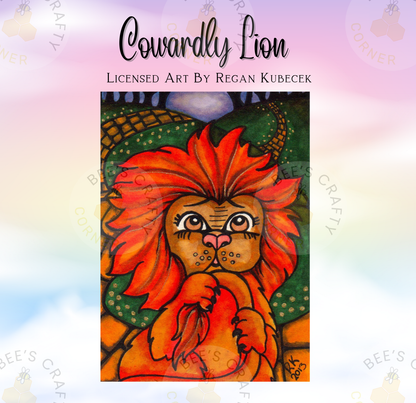 The image is a colorful painting of a lion with a red mane and tail, surrounded by a green and orange background.