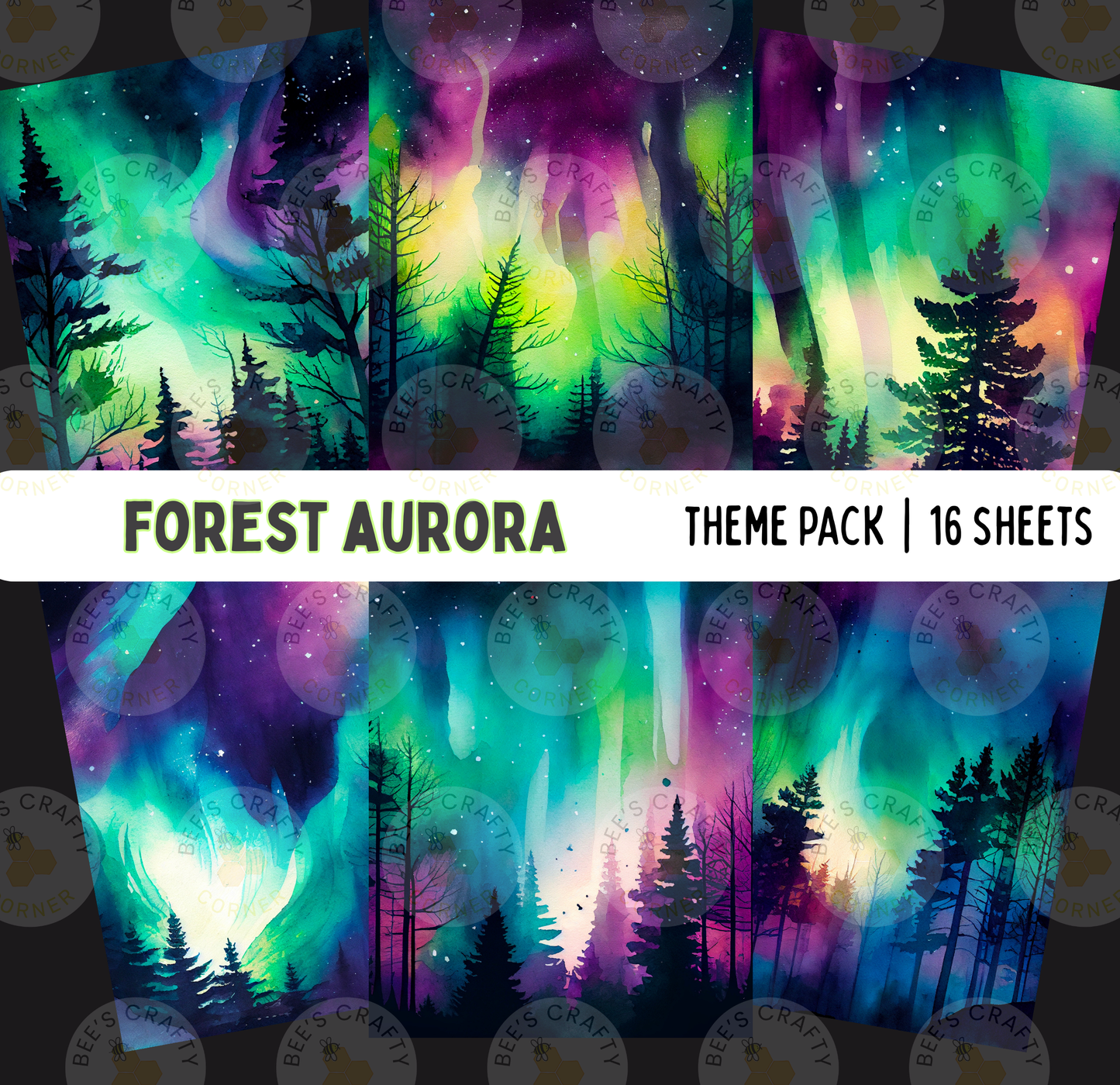 The image is a collage of 16 sheets featuring a vibrant and colorful depiction of the Aurora Borealis, also known as the Northern Lights, in a forest setting. The Aurora displays a stunning array of colors, including shades of green, purple, blue, and pink, creating a mesmerizing and otherworldly atmosphere. The silhouettes of trees and the Aurora's ethereal glow are prominently featured, showcasing the beauty and wonder of this natural phenomenon.