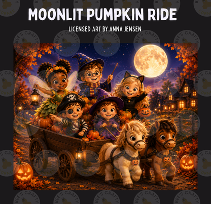 The image is a Halloween-themed illustration featuring a wagon filled with cartoon characters dressed in costumes, including a witch, a pirate, and a pumpkin carriage. The scene is set against a backdrop of a full moon and a spooky village, creating a festive and whimsical atmosphere.