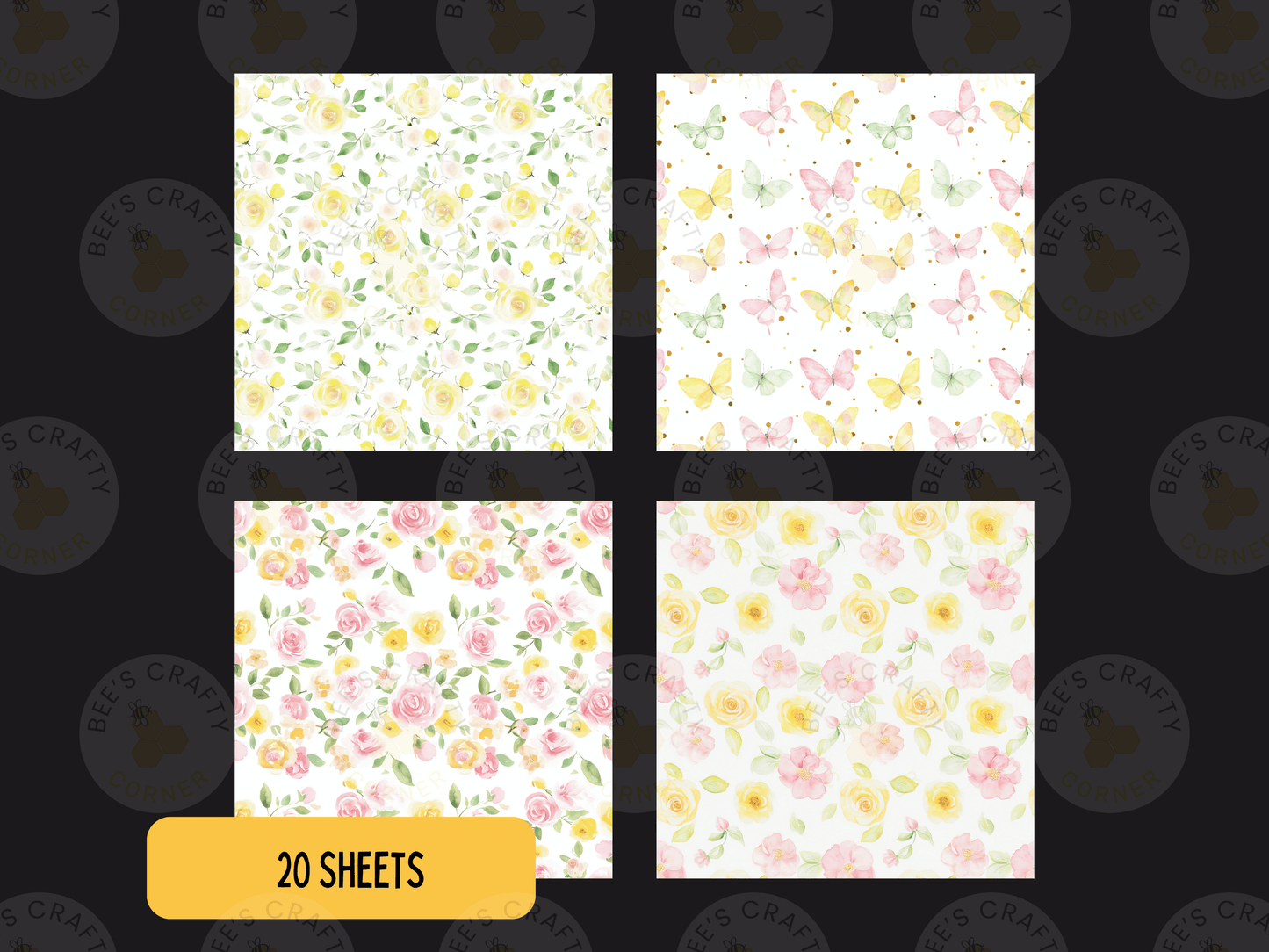 four square patterns with different floral designs, including roses and butterflies. The patterns are arranged in a grid format, with each square containing one of the four floral designs.