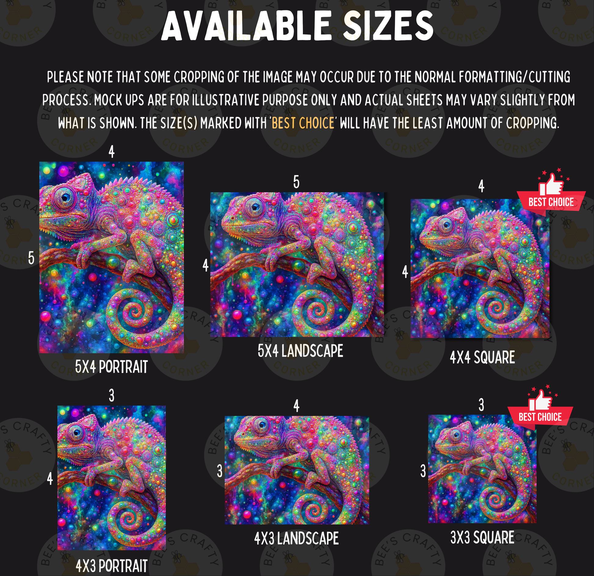 The image is a collage of six different sizes of colorful, vibrant images of a chameleon, with varying levels of cropping and framing.