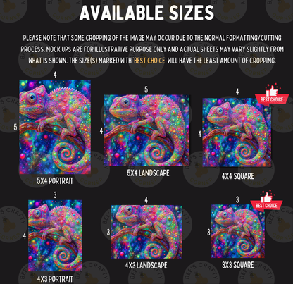 The image is a collage of six different sizes of colorful, vibrant images of a chameleon, with varying levels of cropping and framing.