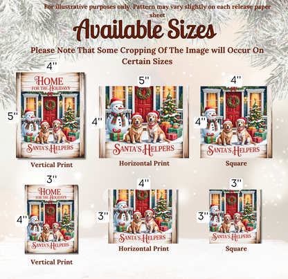 The image is a collection of six different sizes of Christmas-themed prints, each featuring a Santa's Helpers illustration. The prints include a vertical print, a horizontal print, a square print, a horizontal print, a vertical print, and a square print. The text on the prints indicates that some cropping of the image will occur on certain sizes, and the available sizes are 4", 5", 4", 5", 4", and 3".