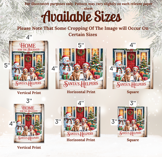 The image is a collection of six different sizes of Christmas-themed prints, each featuring a Santa's Helpers illustration. The prints include a vertical print, a horizontal print, a square print, a horizontal print, a vertical print, and a square print. The text on the prints indicates that some cropping of the image will occur on certain sizes, and the available sizes are 4", 5", 4", 5", 4", and 3".
