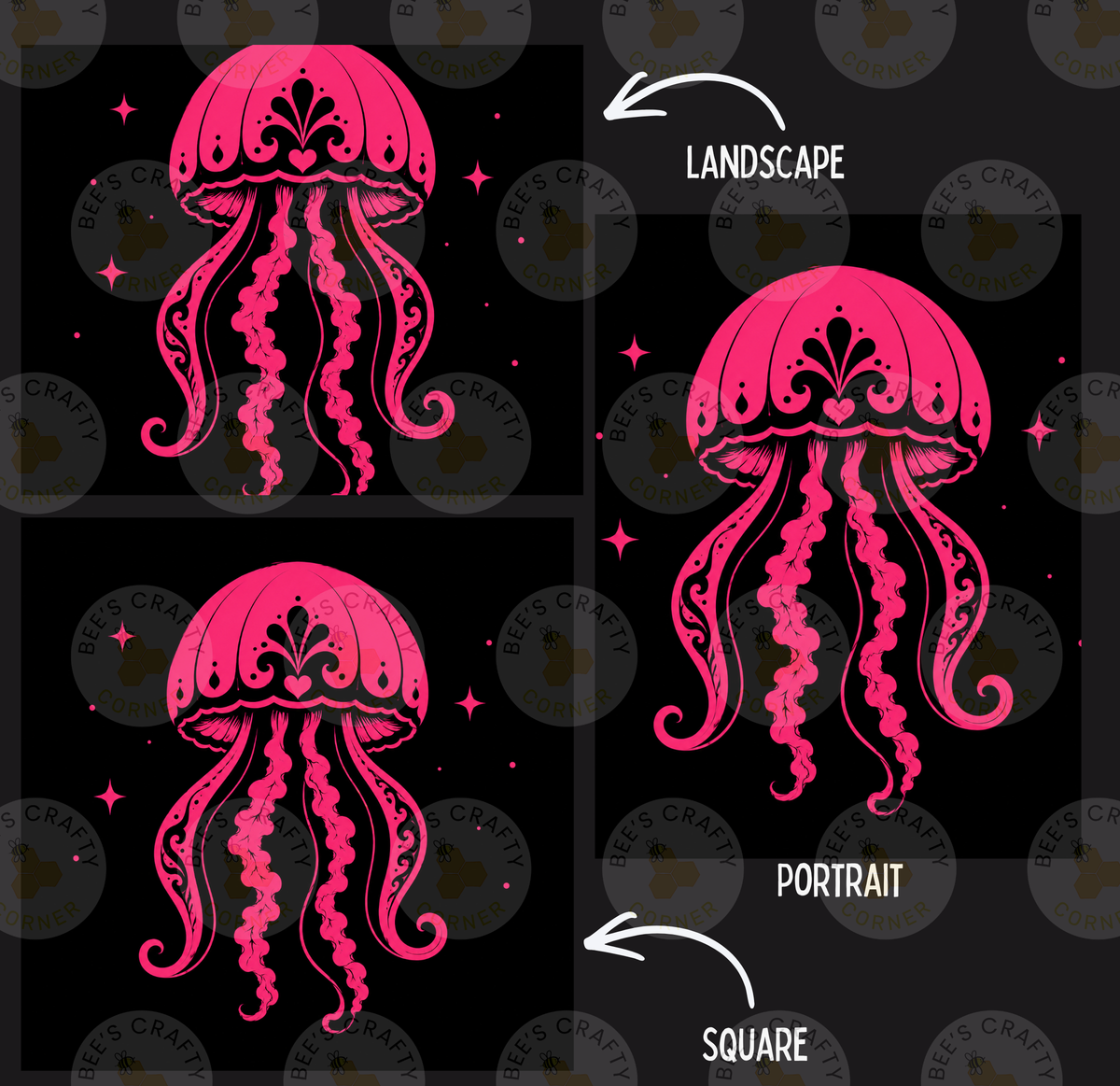 three different artistic interpretations of a pink jellyfish, each with a distinct style and presentation. The jellyfish is depicted in a landscape, a portrait, and a square format.