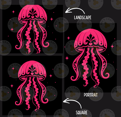 three different artistic interpretations of a pink jellyfish, each with a distinct style and presentation. The jellyfish is depicted in a landscape, a portrait, and a square format.