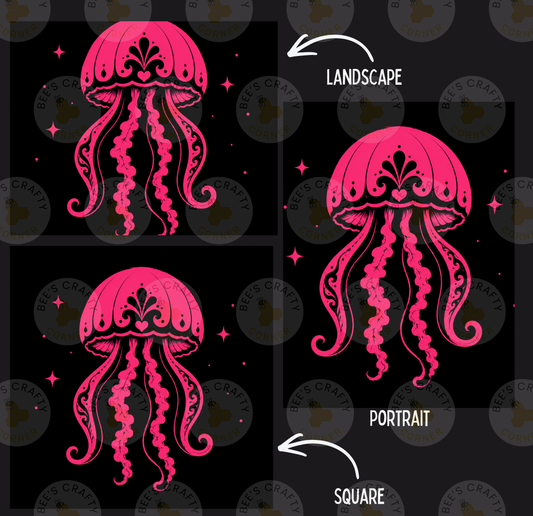 three different artistic interpretations of a pink jellyfish, each with a distinct style and presentation. The jellyfish is depicted in a landscape, a portrait, and a square format.