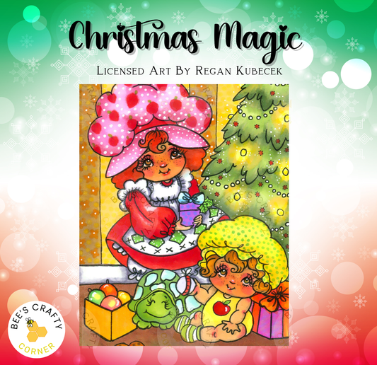 The image is a vibrant illustration of two young girls, one wearing a pink hat and the other wearing a yellow hat, surrounded by Christmas decorations and gifts.