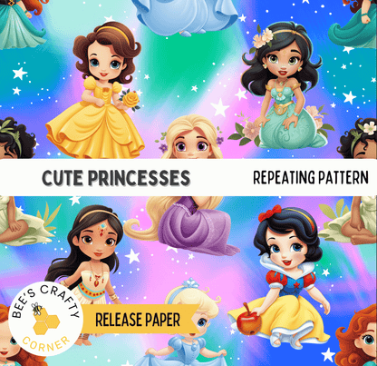 The image is a repeating pattern featuring various Disney princesses in different outfits, including Snow White, Belle, and other characters from the Disney film series.