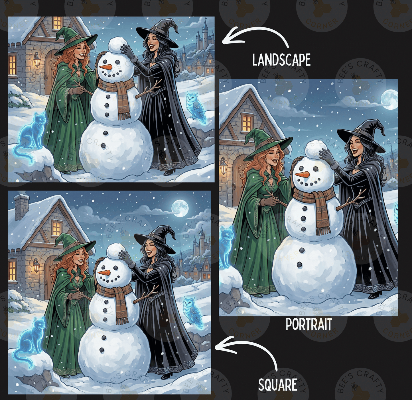 The image is a collage of three pictures depicting women dressed as witches making a snowman. The first two pictures show the women and the snowman, while the third picture shows the snowman. The image is labeled as a landscape and a portrait, and it is a square image.