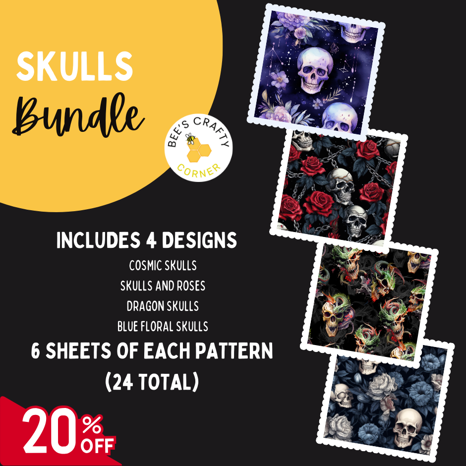 The image is an advertisement for a "SKULLS Bundle" that includes four different designs, with a total of 24 patterns. The bundle offers a 20% discount on the purchase of 24 or more patterns.