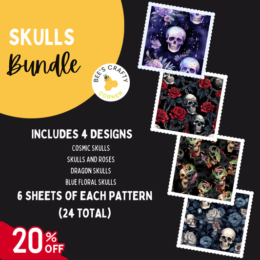 The image is an advertisement for a "SKULLS Bundle" that includes four different designs, with a total of 24 patterns. The bundle offers a 20% discount on the purchase of 24 or more patterns.