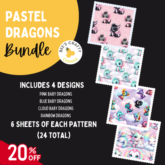 The image is an advertisement for a pastel dragon fabric bundle, featuring four different designs of pastel dragons in various patterns and colors. The bundle includes six sheets of each pattern, and there is a 20% discount.
