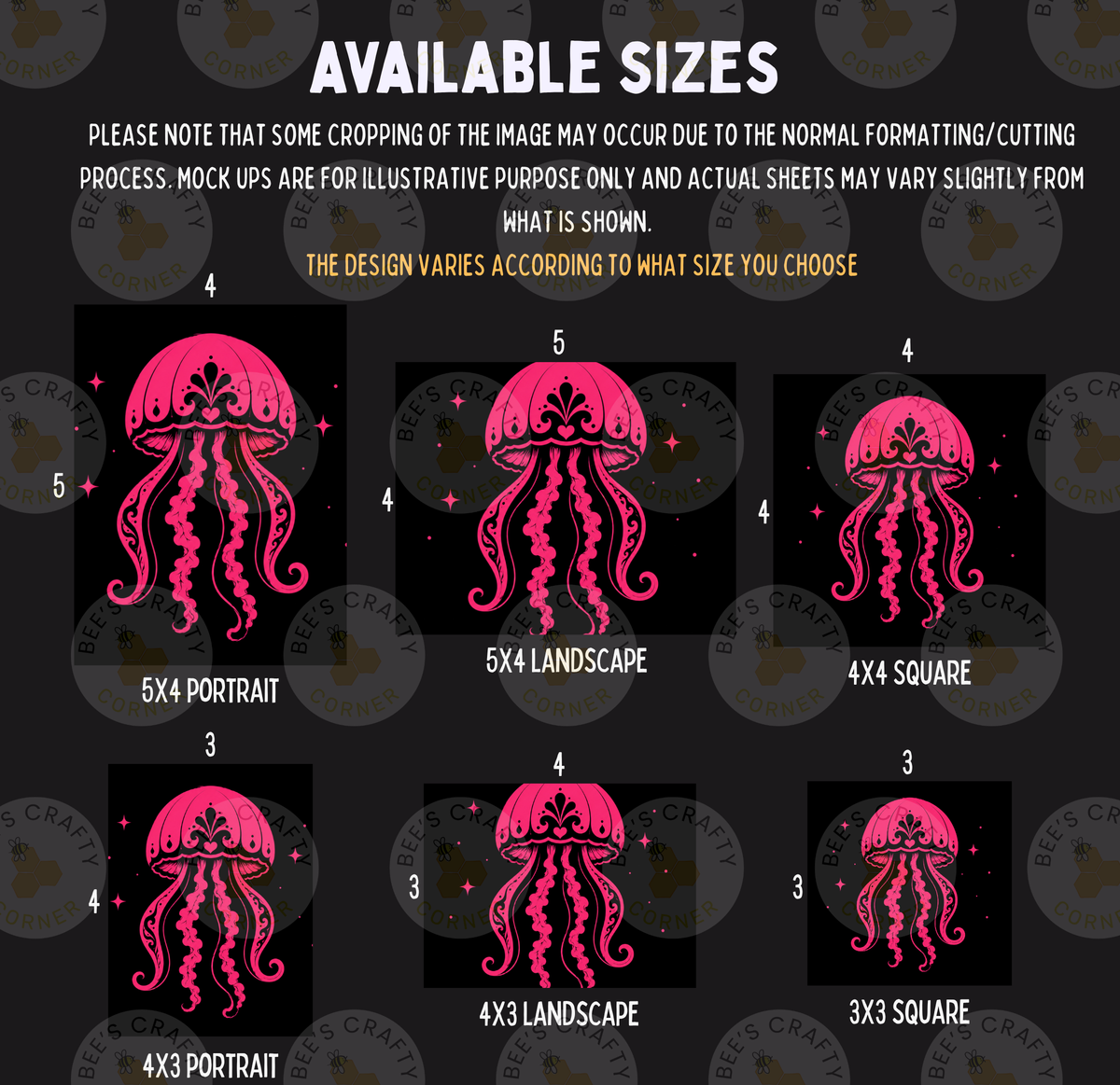 a collection of pink jellyfish illustrations in various sizes, ranging from 5x4 to 5x6. The illustrations are arranged in a grid format, with each row representing a different size and the columns representing the different types of jellyfish. The image does not contain any text, and the jellyfish illustrations are the main focus.